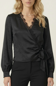 Modenaire Lace Trim V-Neck Wrap Blouse