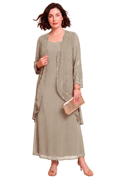 Plus Size 2 Piece Long Sleeve Beaded Georgette Gown Set With Detachable Jacket