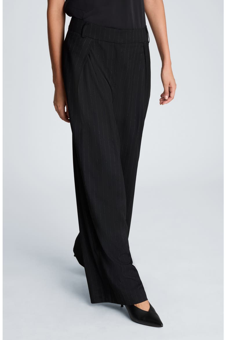 Crossover Pleat Pinstripe Wide Leg Pants, Alternate, color, BLACK/ OYSTER