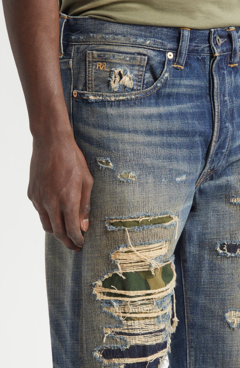 Double RL Relaxed Fit Ripped & Repaired Straight Leg Jeans, Alternate, color, Averie Wash