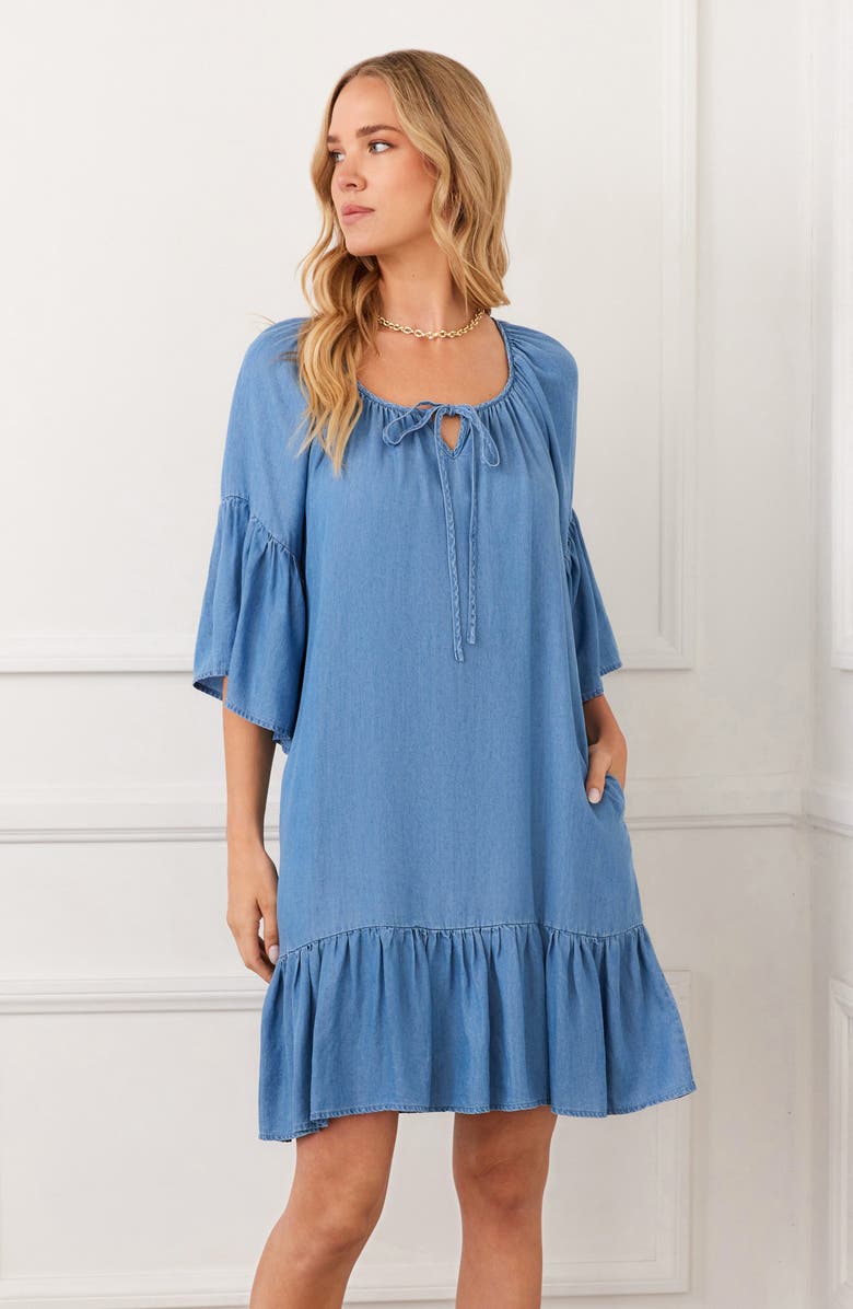 Karen Kane Ruffle Hem Chambray Dress, Alternate, color, Chambray