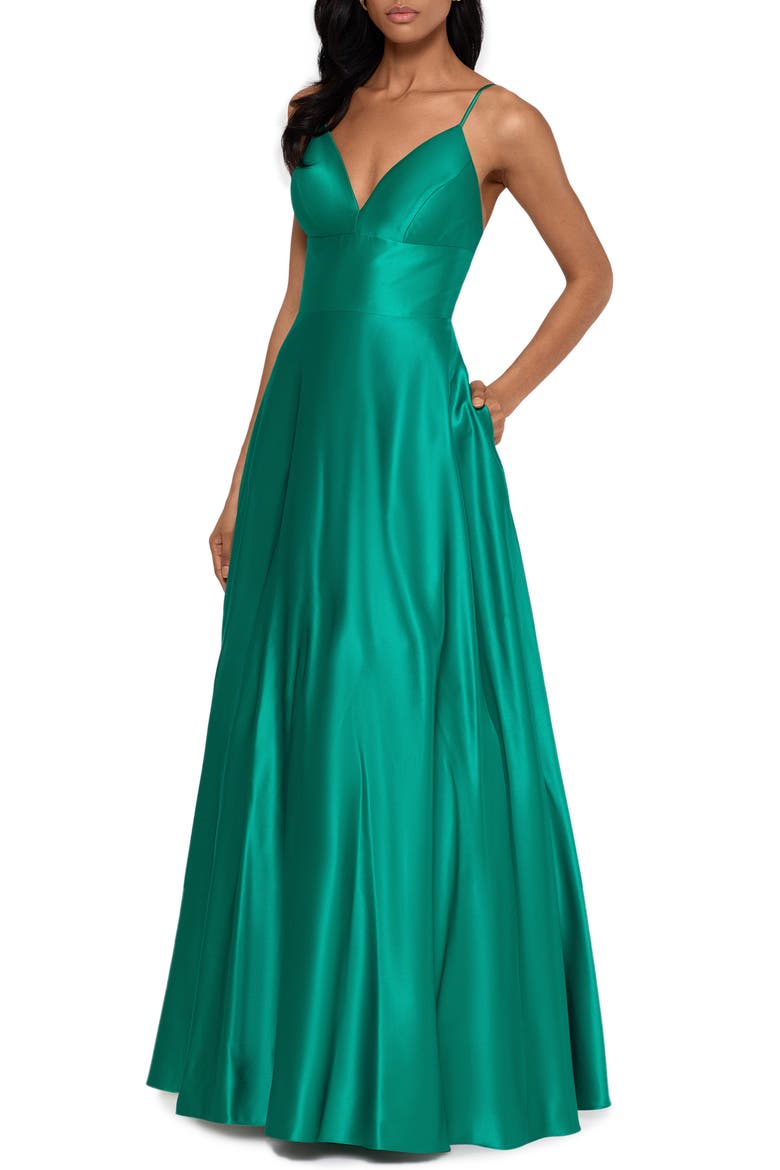 V-Neck Satin Princess Gown, Alternate, color, KELLY