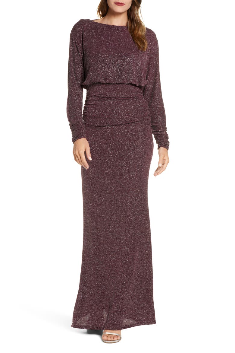 Cowl Back Metallic Long Sleeve Gown, Main, color, PLUM