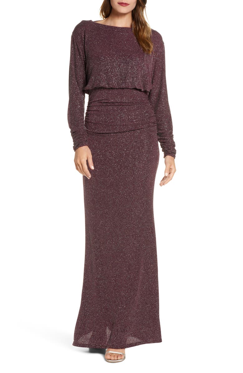 Vince Camuto Cowl Back Metallic Long Sleeve Gown, Main, color, 