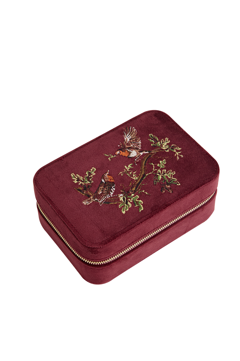 Robin Love Embroidered Large Velvet Jewellery Box, Main, color, Burgundy