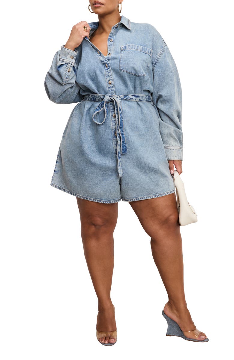 Good American Weightless Denim Romper, Alternate, color, Indigo793