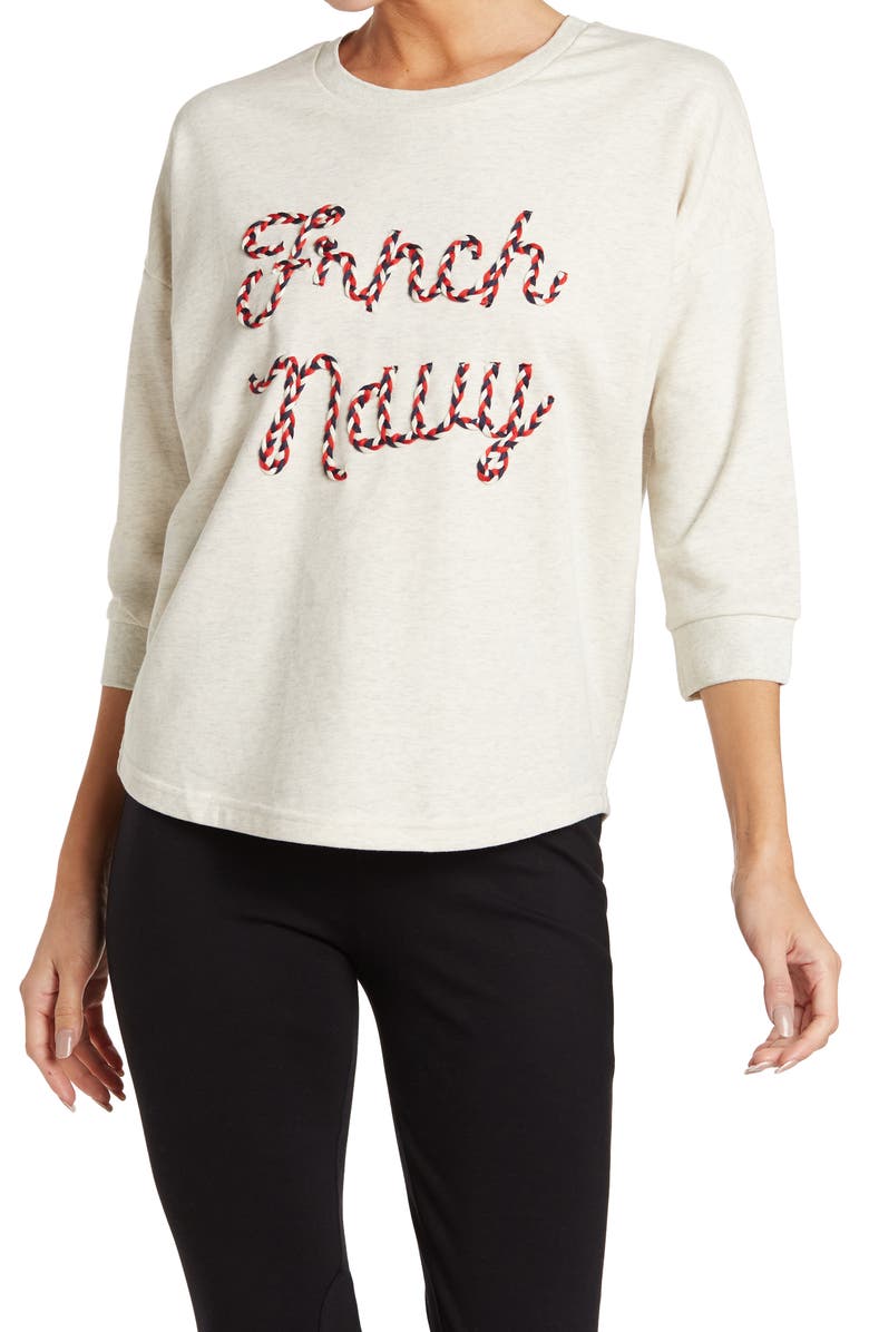 FRNCH Navy Woven Design 3/4 Sleeve Top, Main, color, 