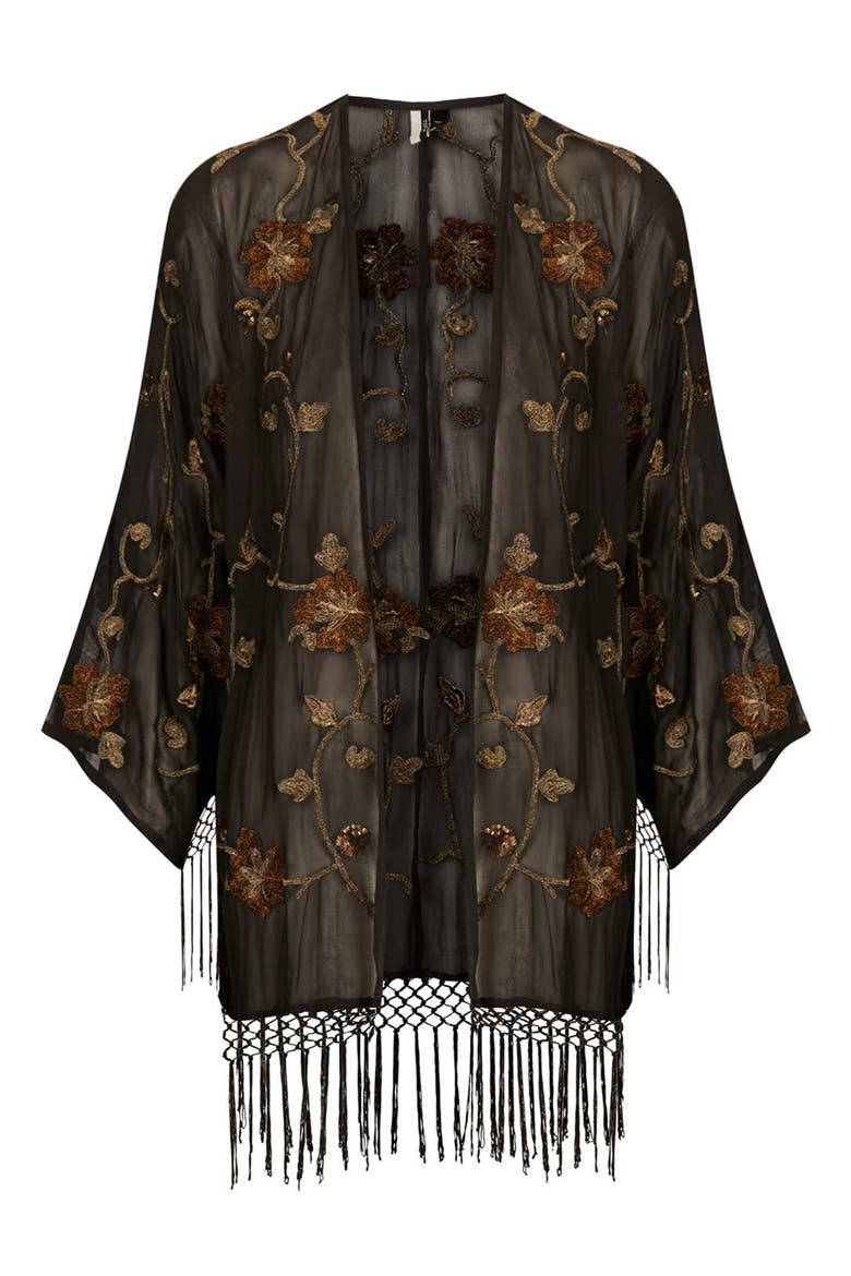Embroidered Kimono Cardigan, Alternate, color, CHARCOAL