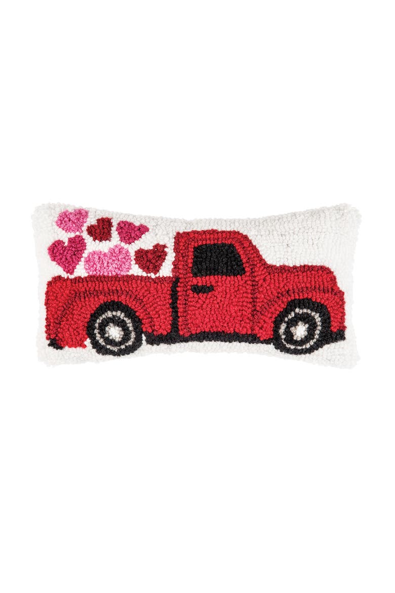 Hearts Truck Mini Hooked Valentine's Day Accent Pillow 6" x 12", Main, color, Red