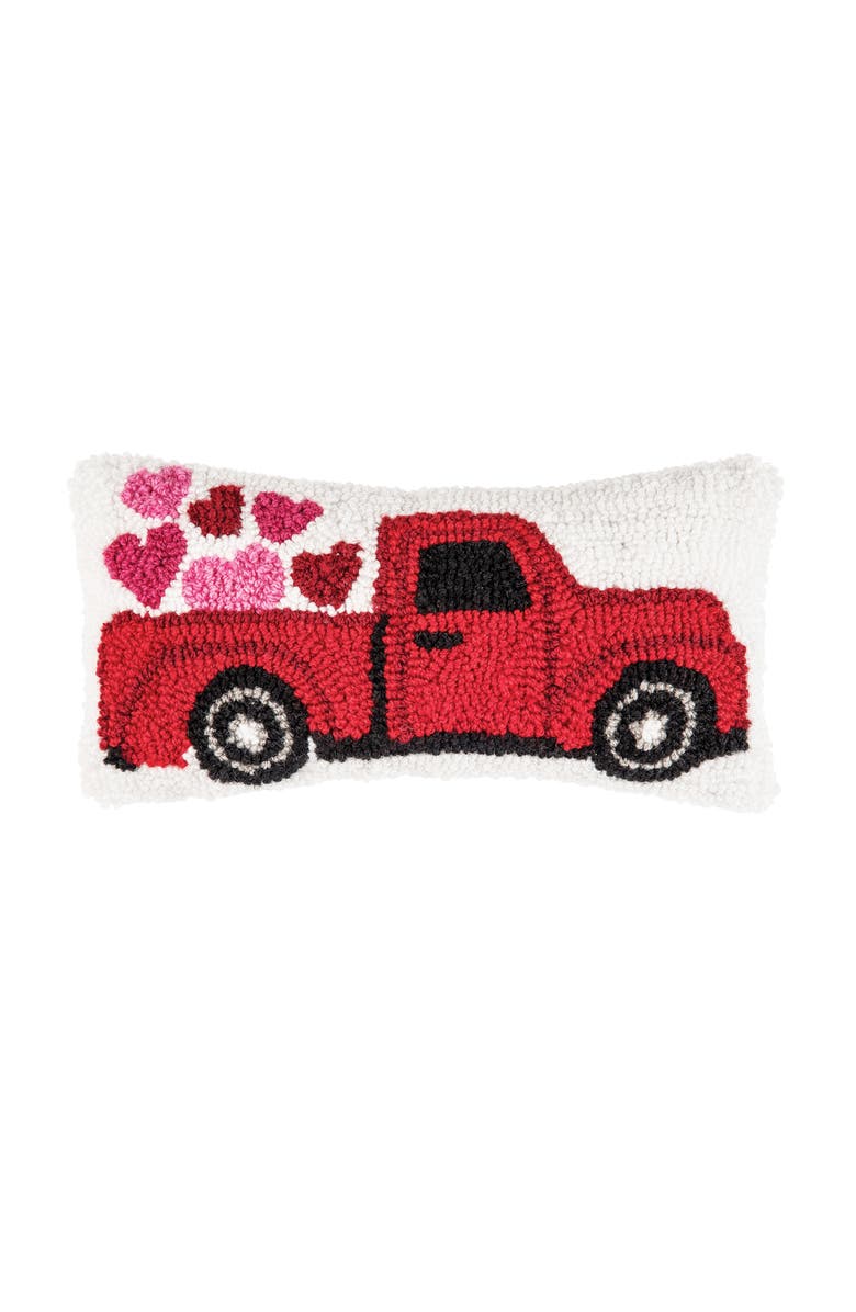 C&F Home Hearts Truck Mini Hooked Valentine's Day Accent Pillow 6" x 12", Main, color, Red