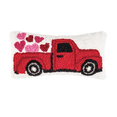 Hearts Truck Mini Hooked Valentine's Day Accent Pillow 6" x 12"