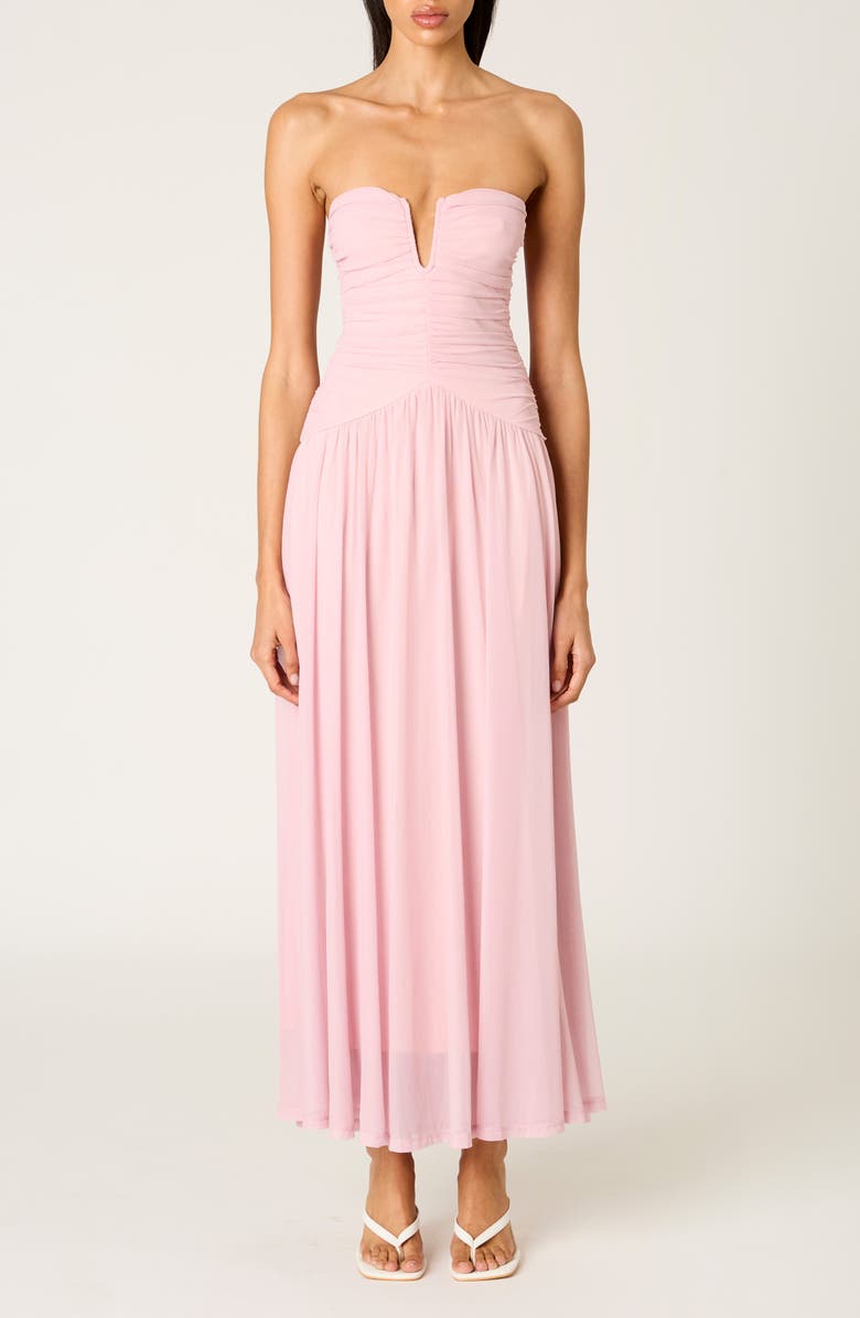 Nia Beverly Ruched Strapless Chiffon Maxi Dress, Main, color, Cameo Pink