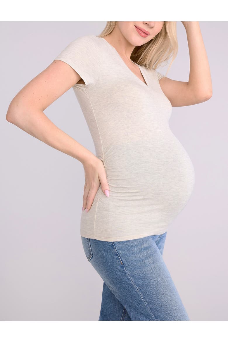 V-Neck Side-Ruched Maternity Short Sleeve Tee, Alternate, color, Heather Oatmeal