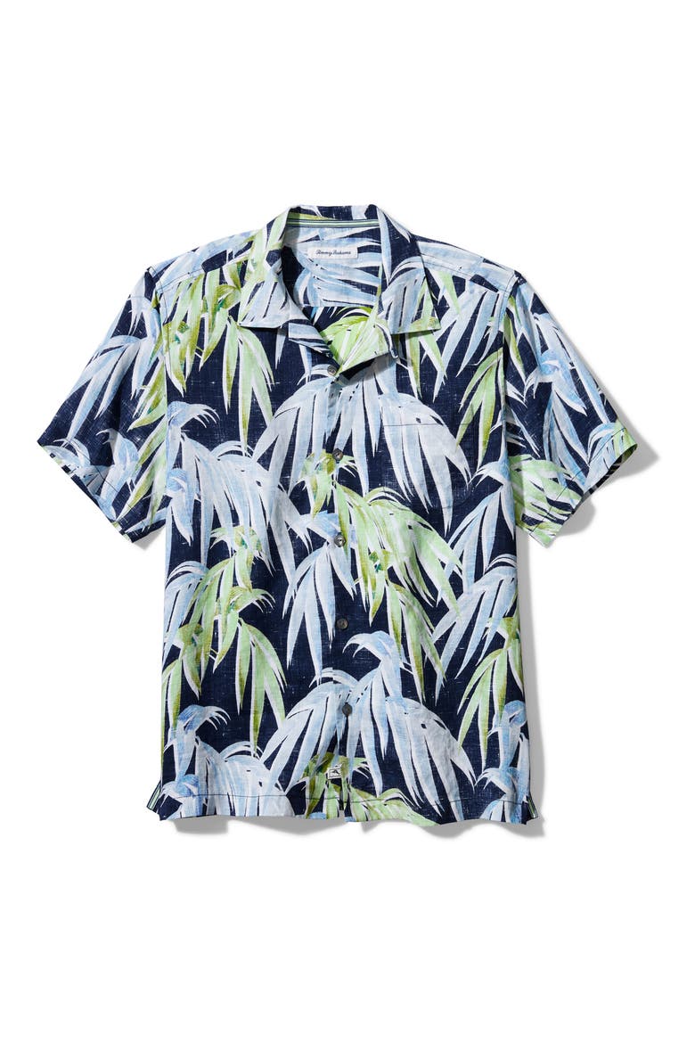 Perfect Palm Day Short Sleeve Linen Button-Up Shirt, Main, color, OCEAN DEEP