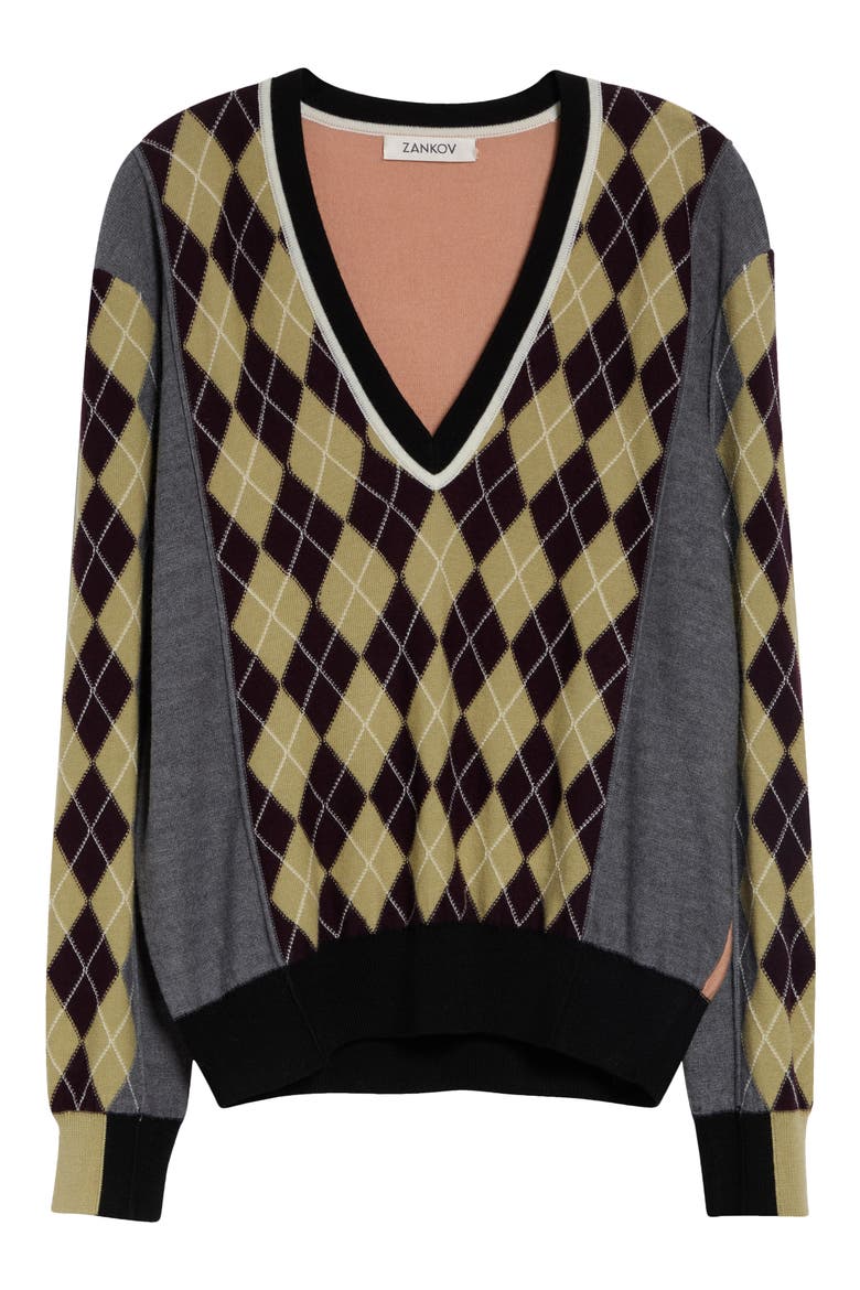 Teddy Colorblock Argyle Merino Wool Sweater, Main, color, GREY MELANGE MULTI