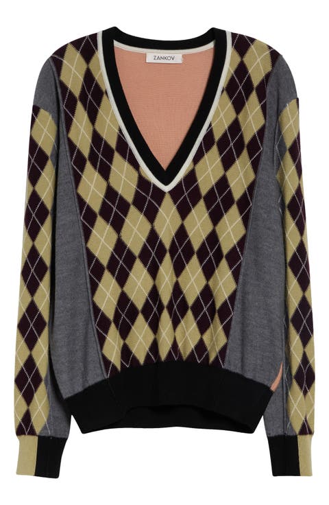 Teddy Colorblock Argyle Merino Wool Sweater