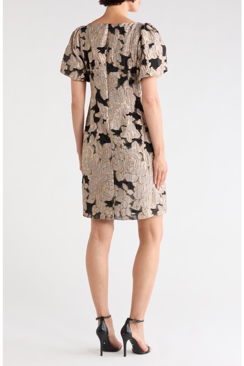Lurex Jacquard Puff Sleeve Shift Dress, Alternate, color, BLACK/ TAUPE