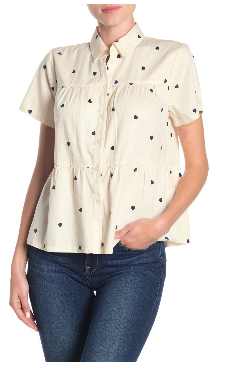 Madewell Heart Embroidered Button Front Peplum Shirt, Main, color,