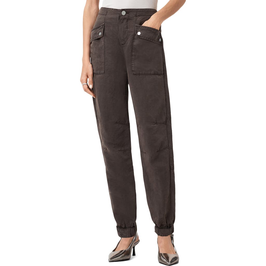Allsaints Womens Dark Brown Val Patch-pocket Tapered-leg Woven Trousers In Brown