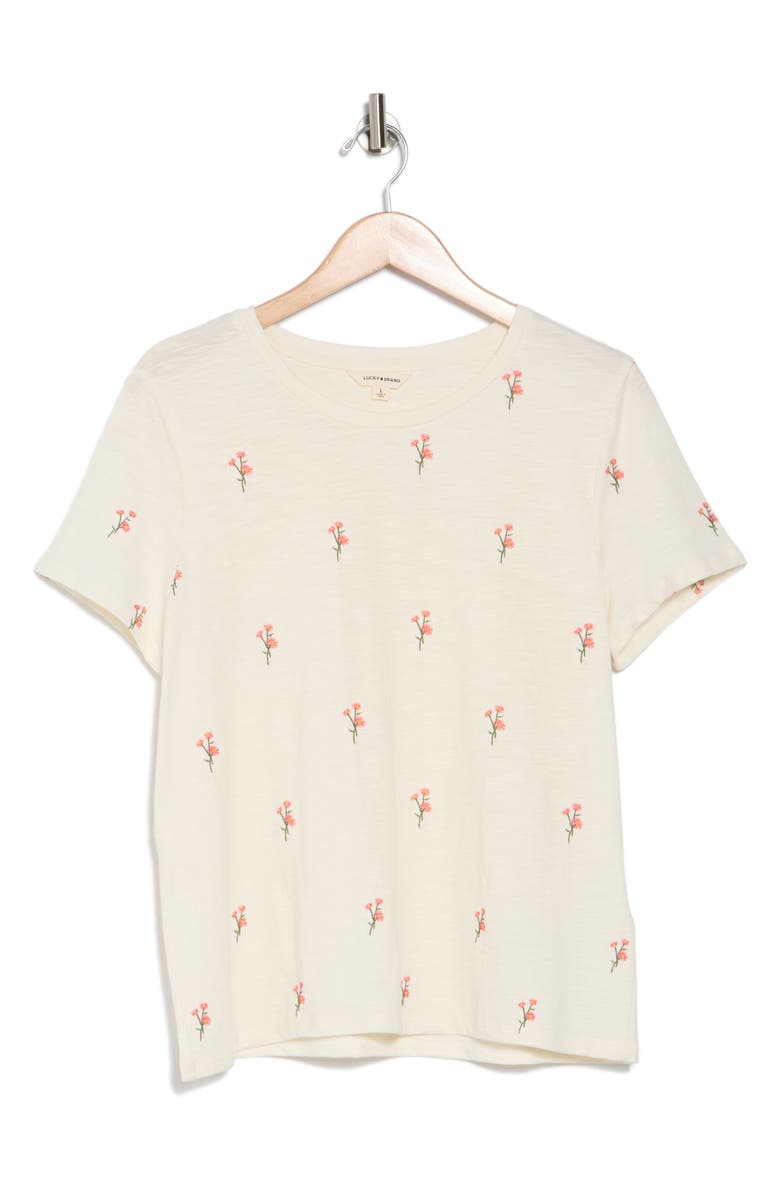 Lucky Brand Flower Embroidered Cotton T-Shirt, Alternate, color, Flower Embroidery