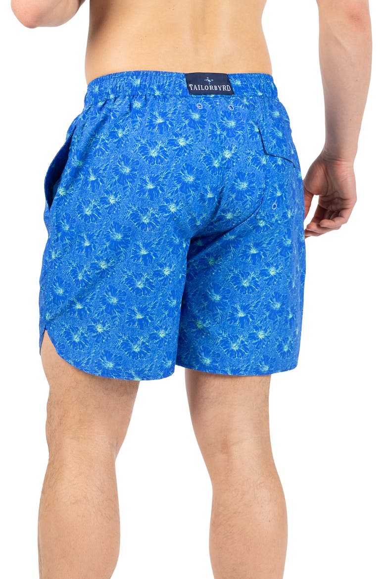 Tropical Floral Print Swim Trunks, Alternate, color, ISLAND BLUE