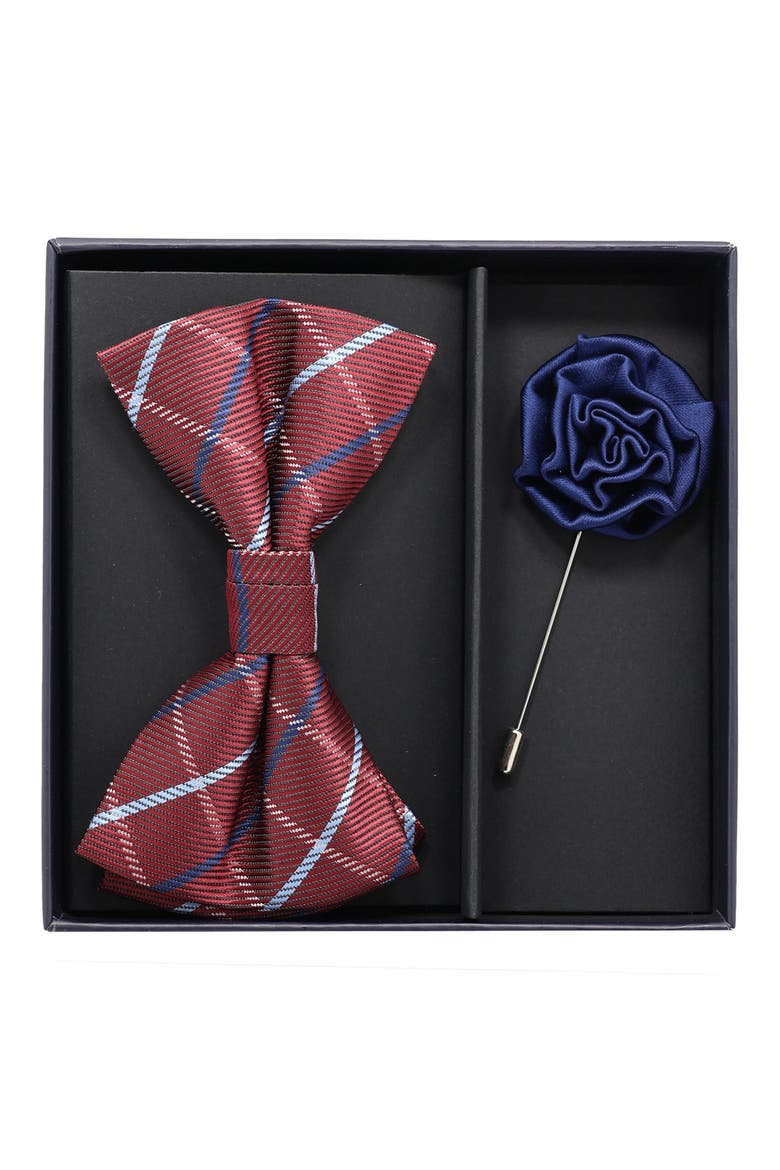 Bow Tie & Lapel Pin Set, Main, color, BURGUNDY MULTI/ NAVY