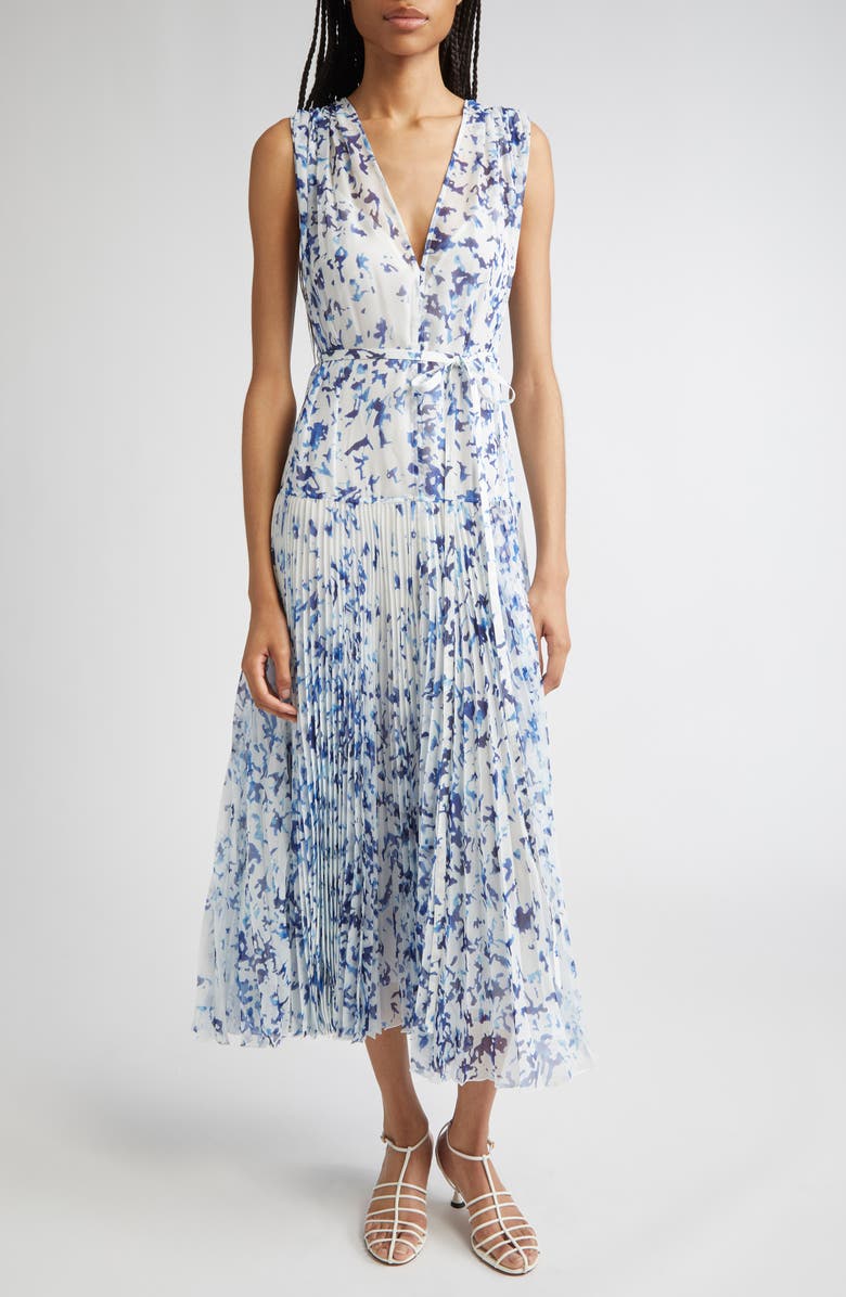 Proenza Schouler Pat Print Pleated Sleeveless Chiffon Dress, Main, color, Off White Multi