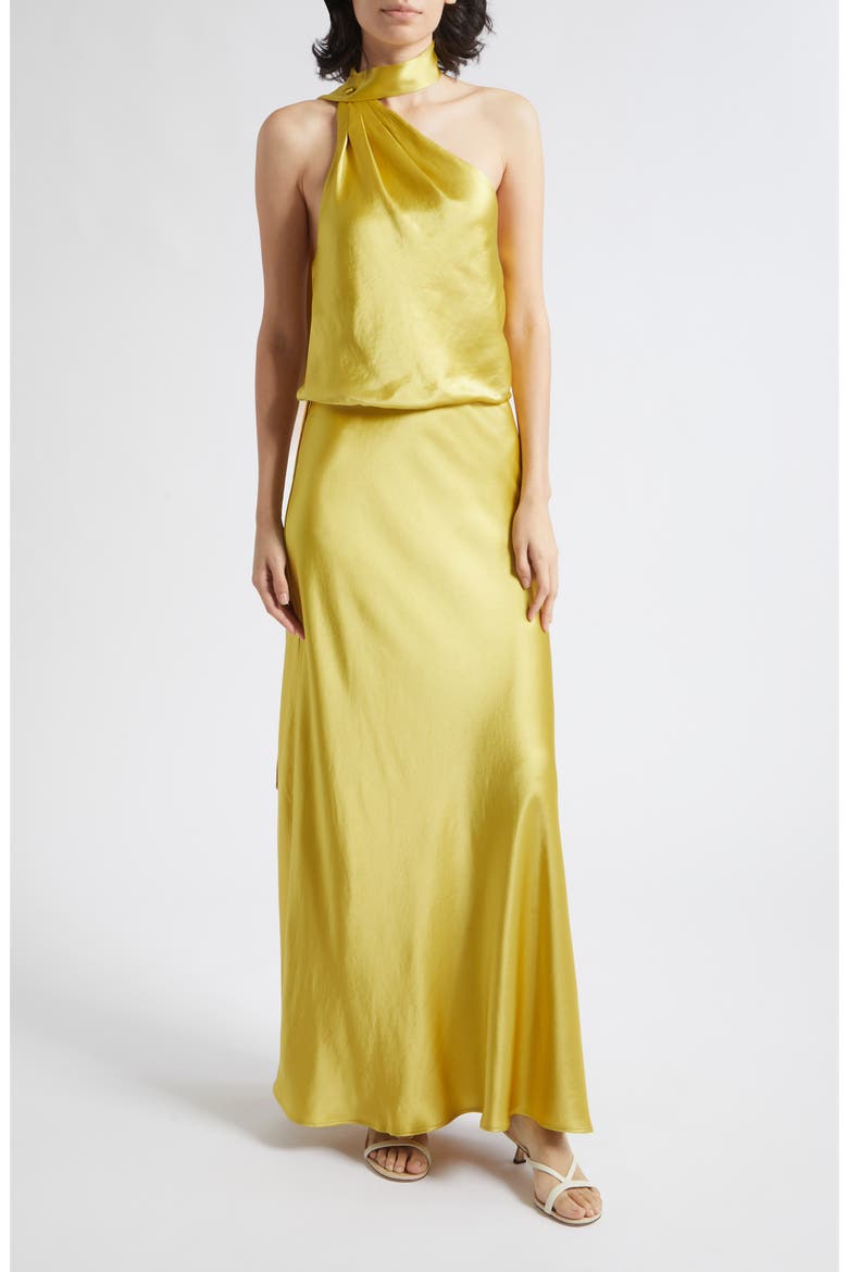 Estelle Crepe Back Satin Asymmetric Halter Neck Dress, Main, color, CITRON