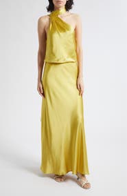 STAUD Estelle Crepe Back Satin Asymmetric Halter Neck Dress