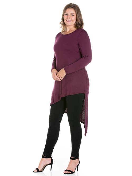 24seven Comfort Apparel Plus Size Long Sleeve Knee Length Asymmetrical Tunic Top In Purple