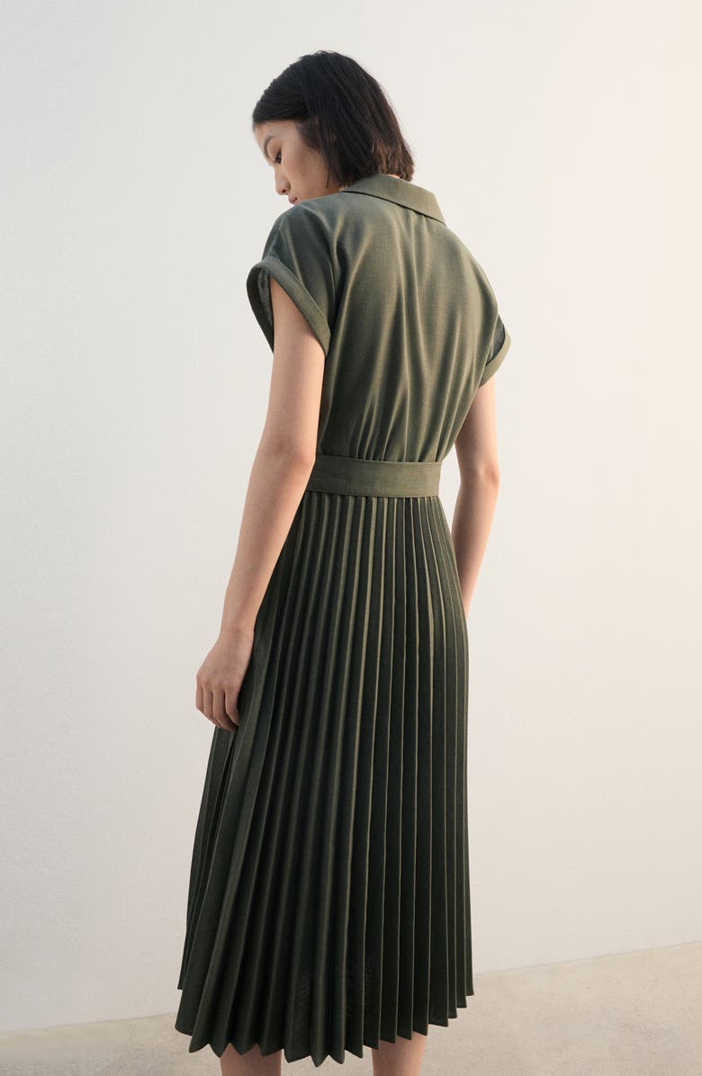 MANGO Pleated Tie Waist Maxi Shirtdress, Alternate, color, Khaki Green
