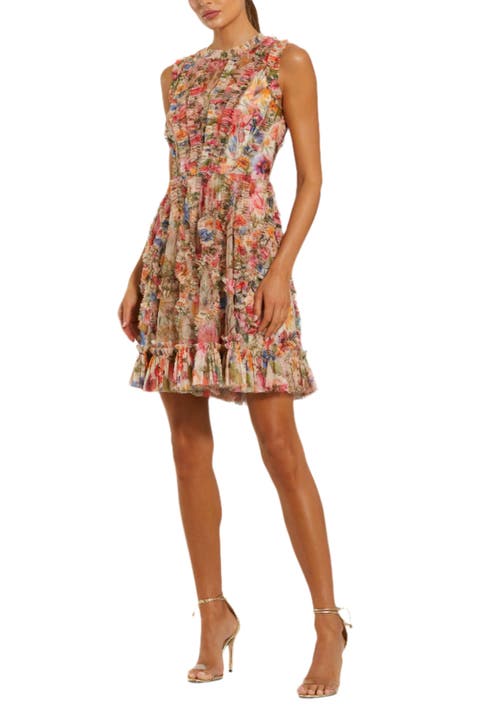 Women's Floral Mesh Micro Ruffle High Neck Mini Dress