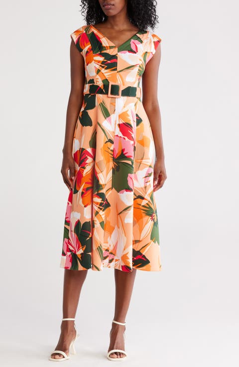 Tropical Floral V-Neck Belt Midi Dress