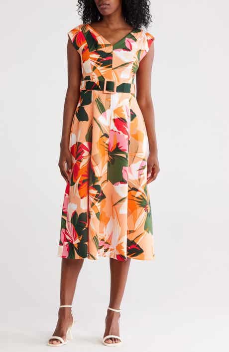 Calvin Klein Tropical Floral V-Neck Belt Midi Dress