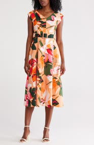 Calvin Klein Tropical Floral V-Neck Belt Midi Dress