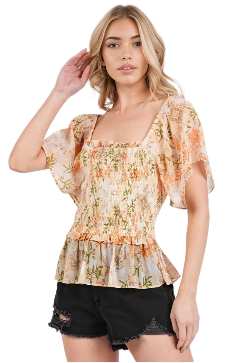 Knit and Lounge Soft Floral Print Lightweight Smocked Peplum Top Flutter Sleeve Square Neck, Alternate, color, Peach Floral