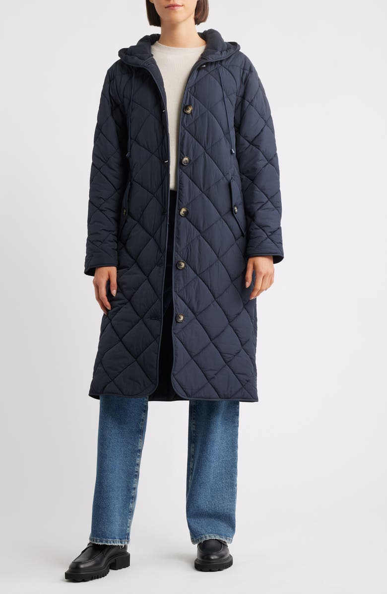 Bernardo Hooded Quilted Longline Jacket, Alternate, color, Navy