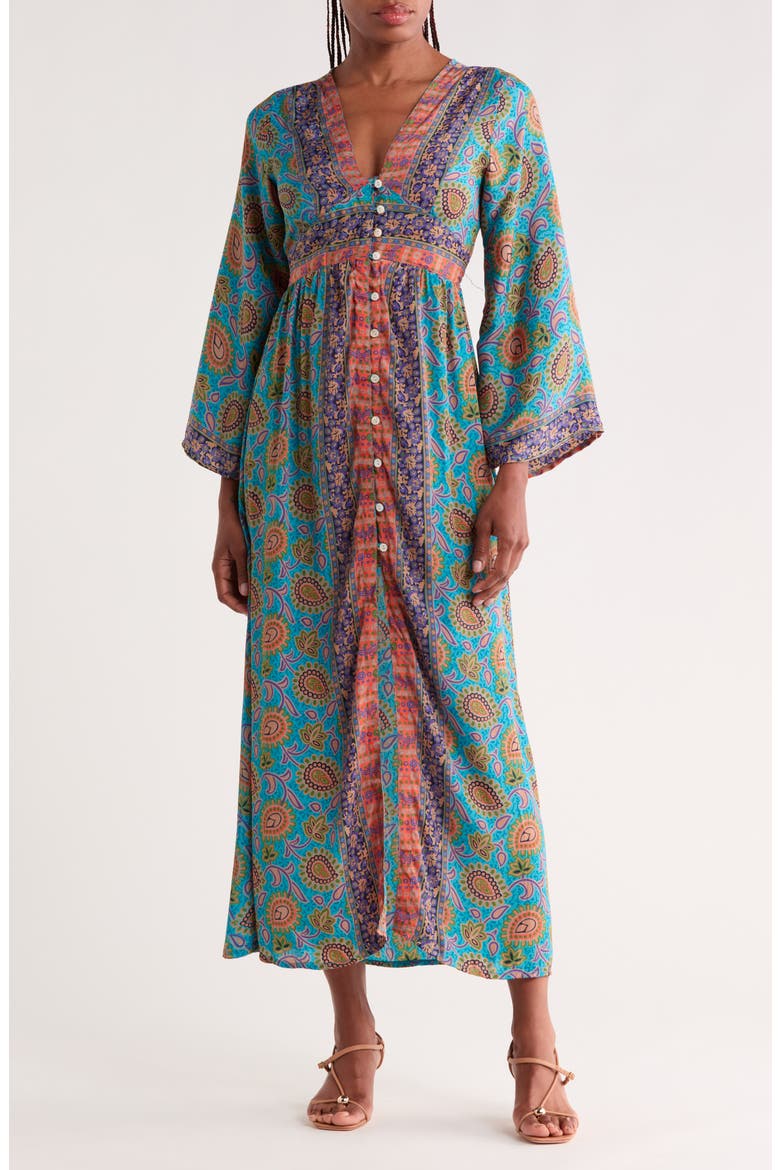 Bell Sleeve Midi Dress, Main, color, YELLOW/ GREEN/ BLUE