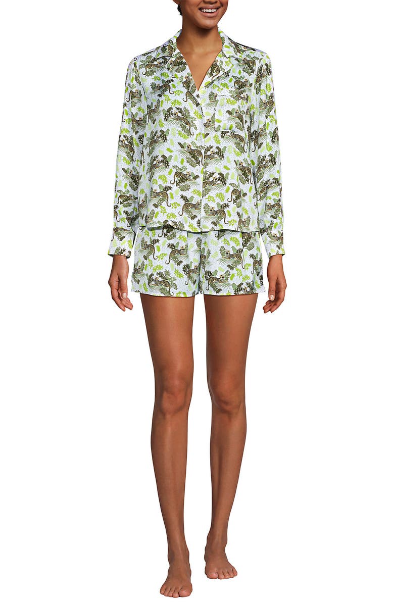 Lands' End Plus Size Matte Satin 2 Piece Pajama Set - Long Sleeve Top and Shorts, Main, color, White Leopards