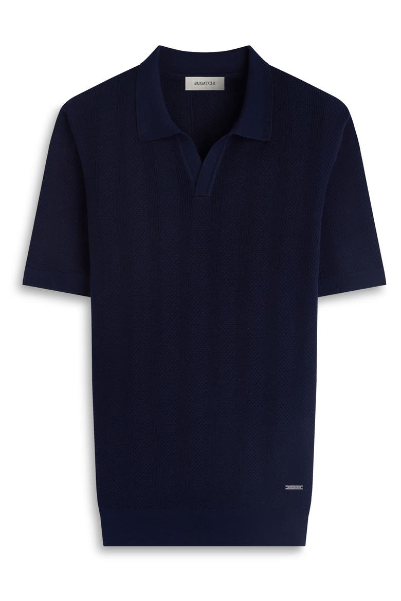 Johnny Collar Basket Stitch Cotton Blend Short Sleeve Sweater, Alternate, color, NAVY