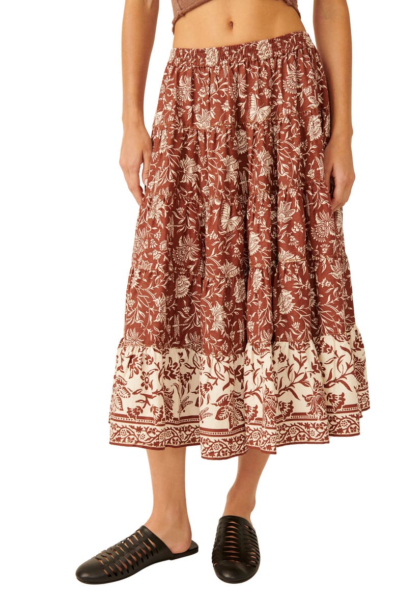 Full Swing Floral Border Detail Cotton Blend Midi Skirt, Main, color, CHOCOLATE COMBO