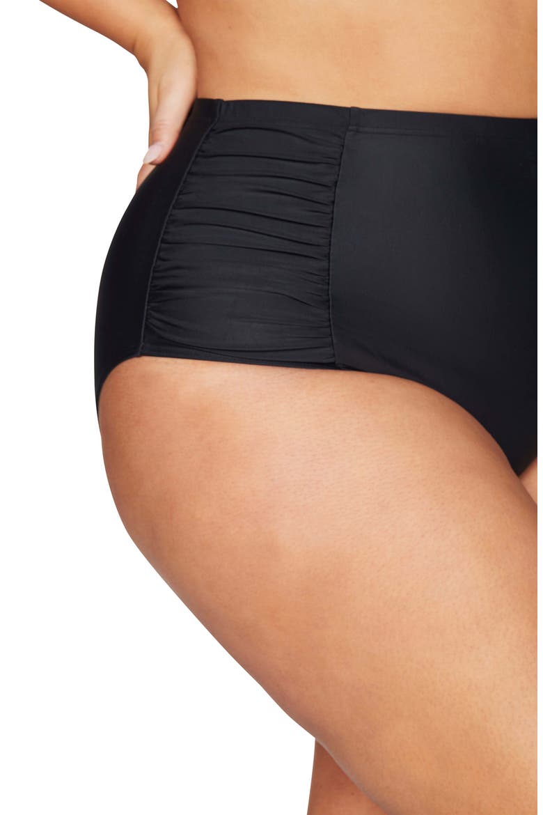 Hues High Waist Ruched Bikini Bottoms, Alternate, color, BLACK
