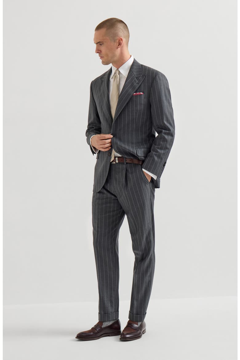 Super 150s virgin wool wide chalk stripe batavia Tailor blazer with peak lapels, Alternate, color, Grey