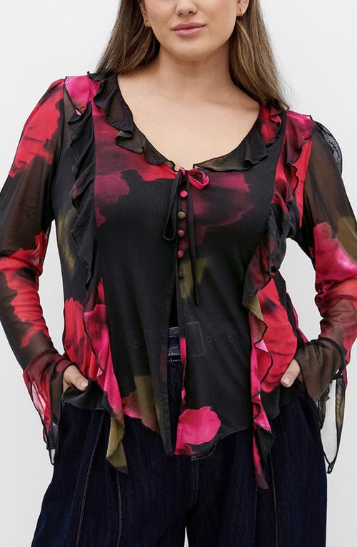 City Chic Vivid Mesh Ruffle Top In Black