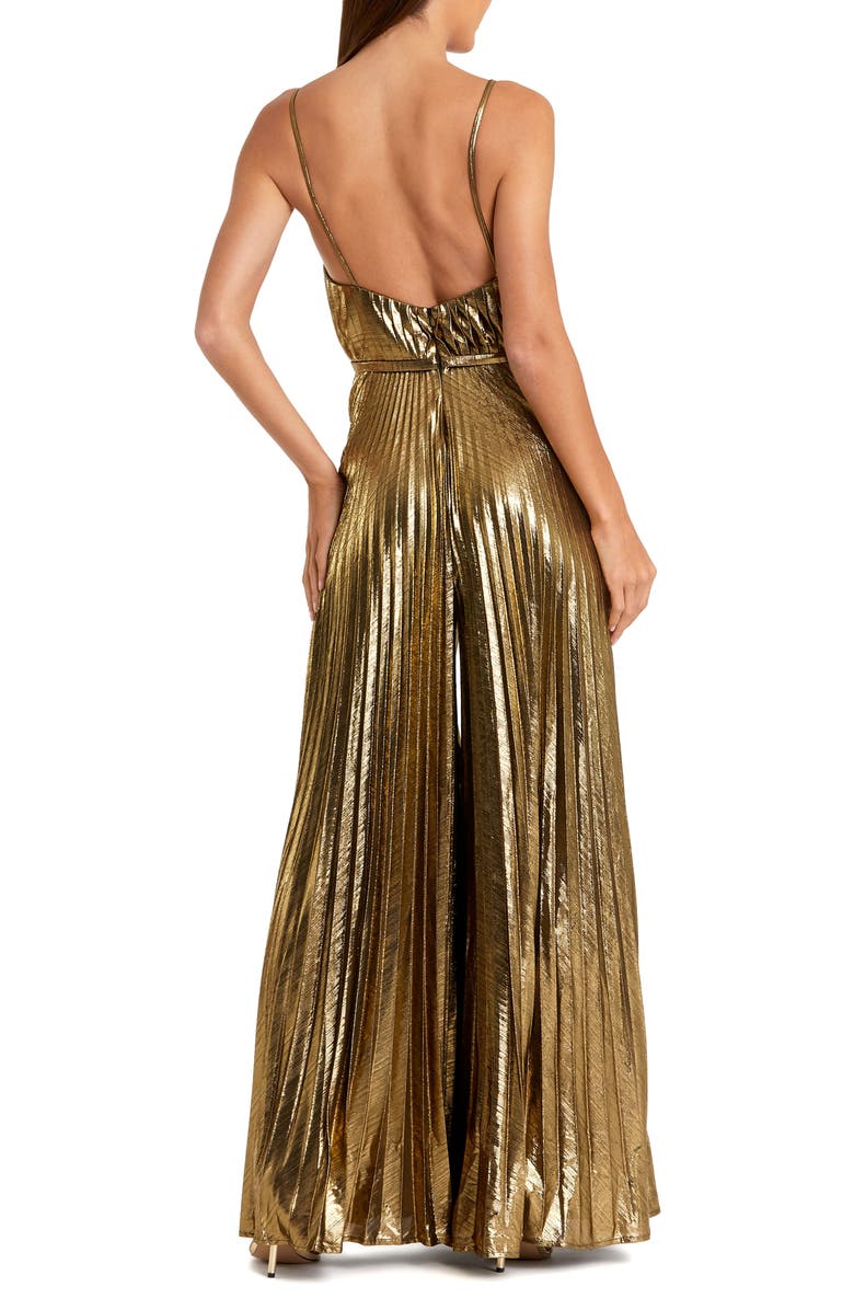 Mac Duggal Metallic Pleated V-Neck Jumpsuit, Alternate, color, Antique Gold
