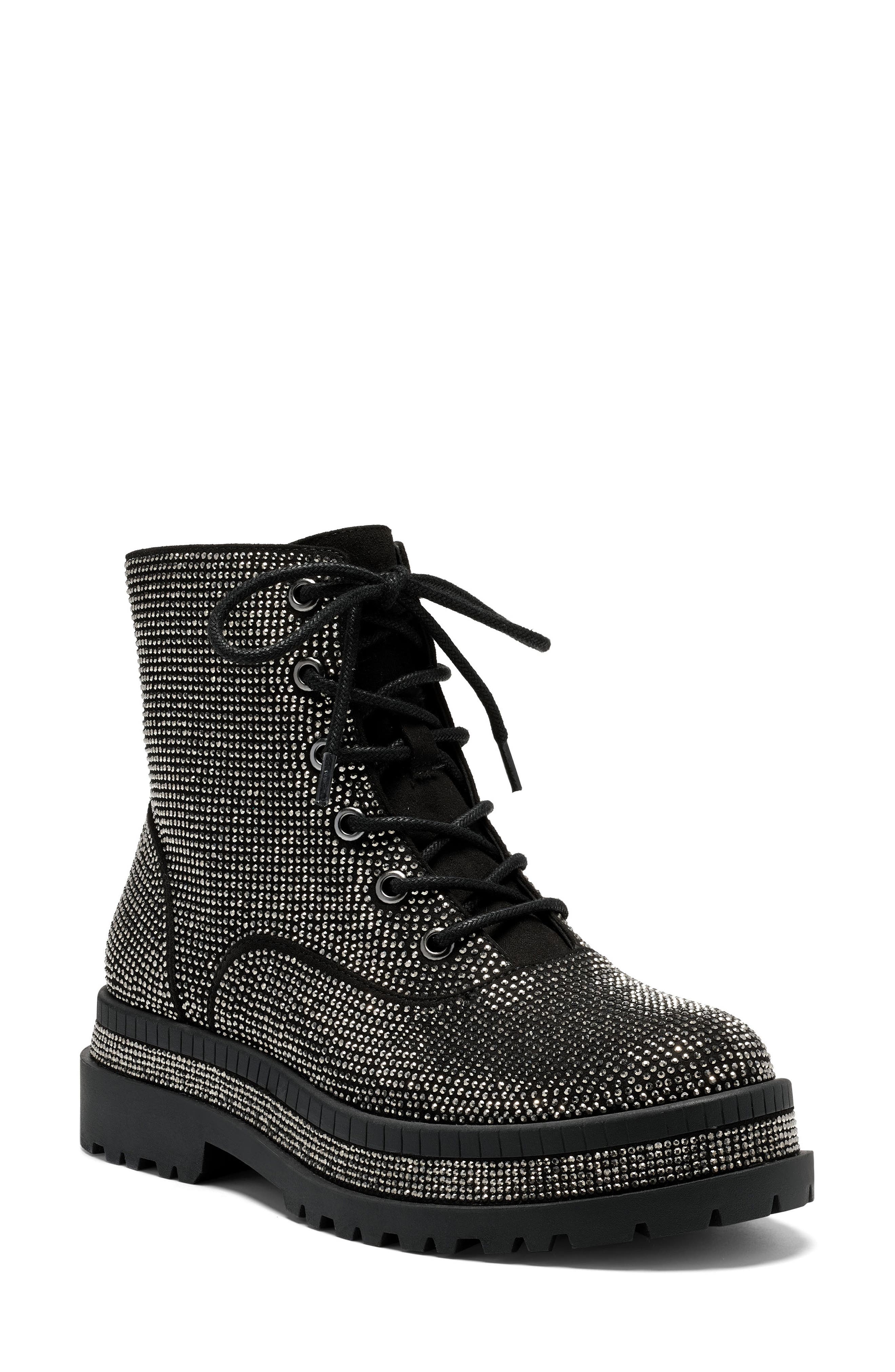 Jessia Simpson Einta Embellished Lace-Up Boot, Main, color, BLACK