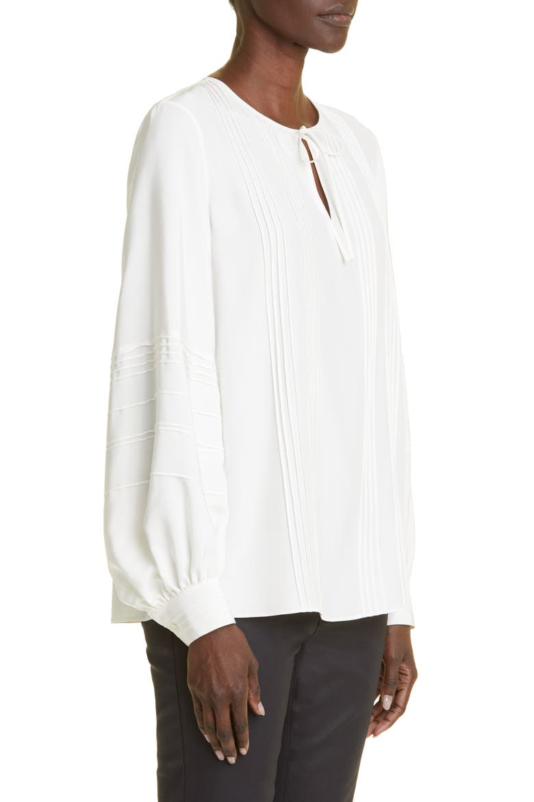 Pintuck Tie Neck Silk Blouse, Alternate, color, CLOUD