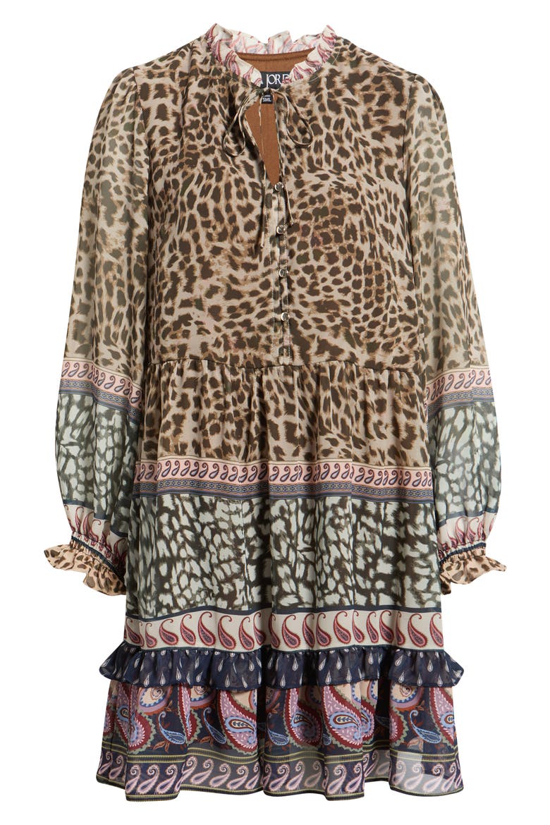 Mixed Print Long Sleeve Tiered Dress, Alternate, color, BROWN MULTI
