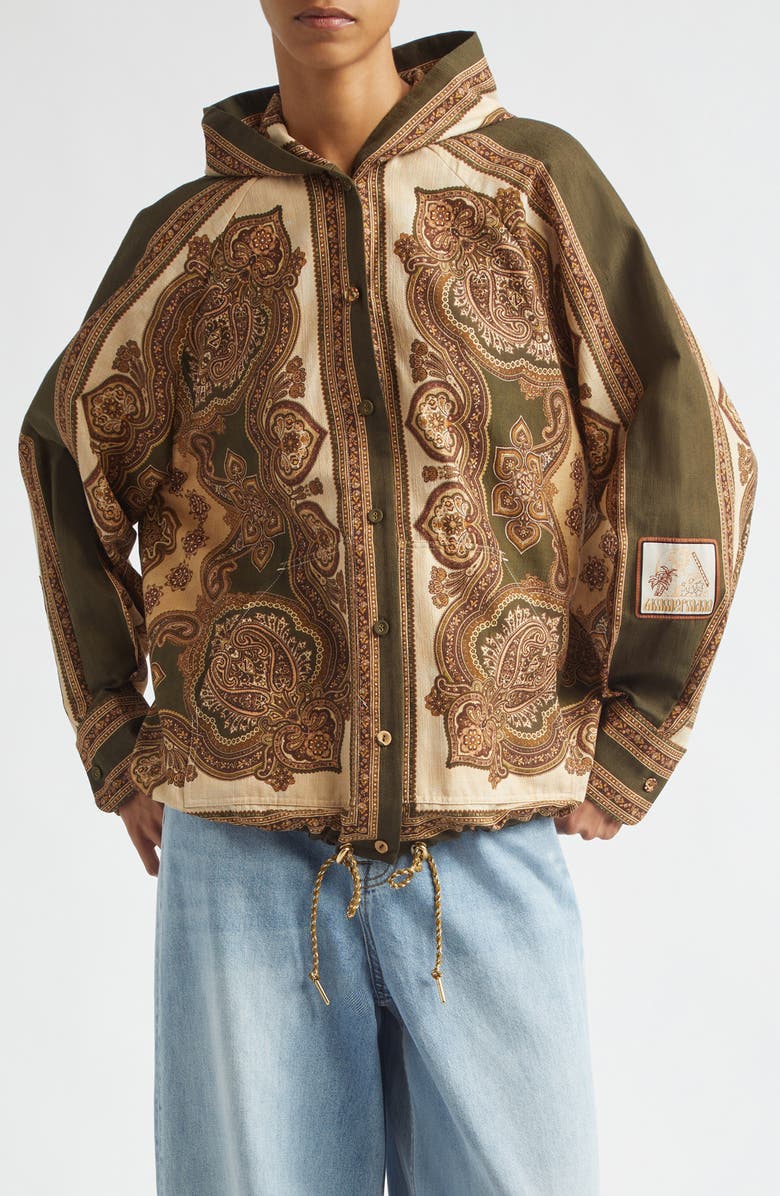 Zimmermann Mahon Paisley Print Hooded Button-Up Shirt, Main, color, Olive Paisley