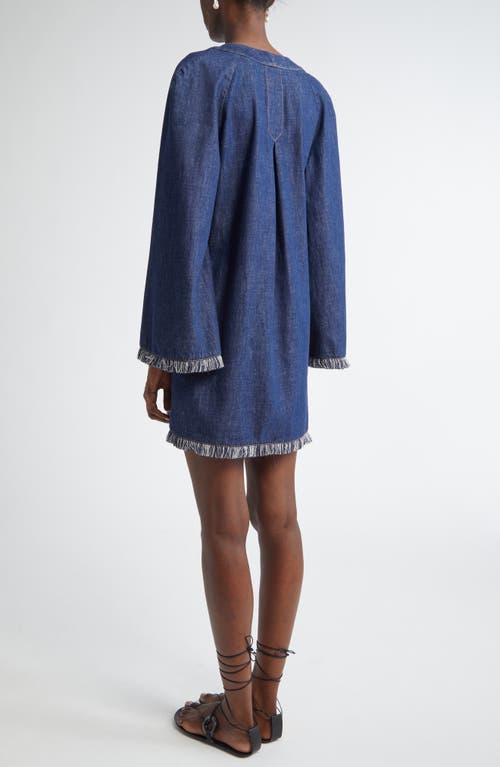 Shop Zimmermann Rhiannon Long Sleeve Fringe Trim Denim Minidress In Atlantic